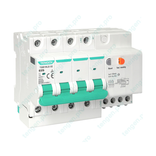 Выключатель автоматический дифф. TGB1NLE-32, 4P, 25A, хар-ка C, 6kA, 100mA, тип AC, 6.5M
